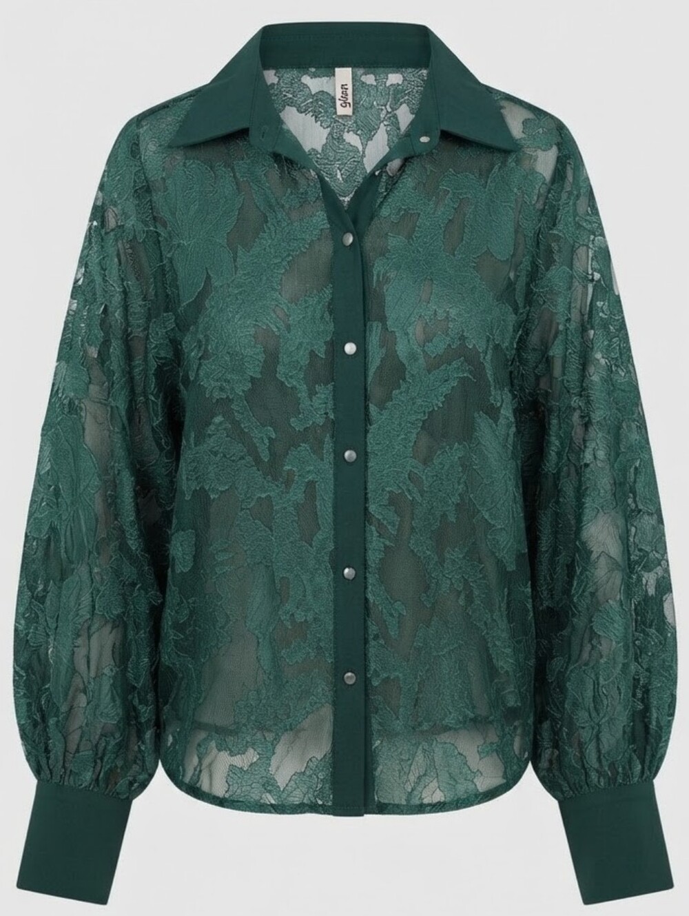 Glam Sheer Floral Lace Blouse Long Sleeve Button Up Dark Green Size